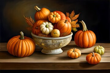 pumpkins on the table, autumn decoration, halloween holiday, still life