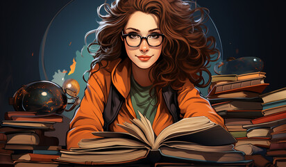 Student girl with school book, education concept. AI generated