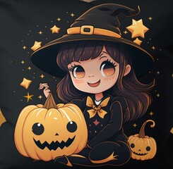 Cute little girl in a black witch costume with a pumpkin lantern on Halloween night