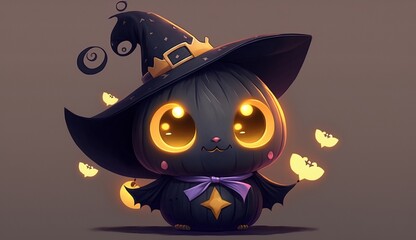 Kawaii cute bat in a black witch hat on halloween night