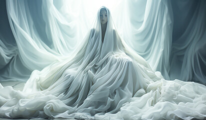Enigmatic illustration of a body covered with a huge white curtain, which spreads on the floor. AI generated