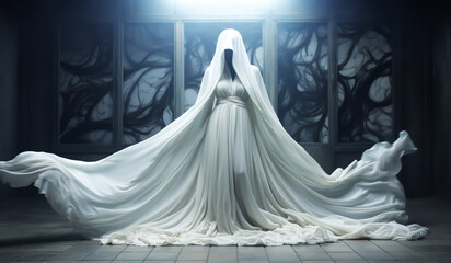 Enigmatic illustration of a body covered with a huge white curtain, which spreads on the floor. AI generated