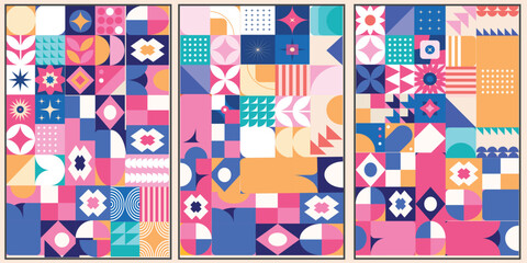 Obraz premium Retro bauhaus pattern of different shapes. Colorful vector mosaic backdrop. Geometric hipster retro background. Vector illustrator