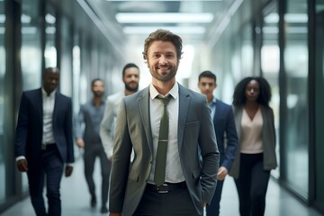The man continues walking and is joined by a diverse group of colleagues in the office, symbolizing unity and shared vision towards the future. generative AI