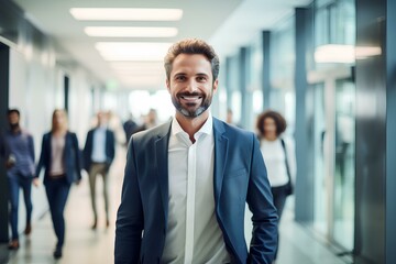 Fototapeta premium The man continues walking and is joined by a diverse group of colleagues in the office, symbolizing unity and shared vision towards the future. generative AI