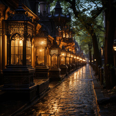 Fototapeta na wymiar Serene row of pale lanterns lighting up a twilight street AI Generative