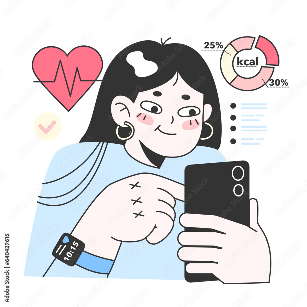 Poster healthy diet and calorie tracker application. character using smart electronic