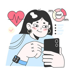 Healthy diet and calorie tracker application. Character using smart electronic