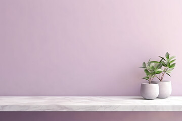 Empty white marble shelf with pink background with display of products
