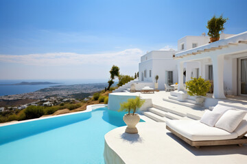 Modern villa, luxury house or hotel in Greek style by sea in summer