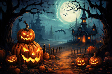 Fototapeta na wymiar Scary pumpkins in dark forest and haunted house at Halloween night