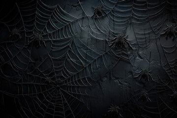 Creepy web and black spiders on dark wall, Halloween night background - obrazy, fototapety, plakaty