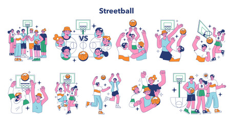 Streetball game set. Team players play basketball outside. Teen or young