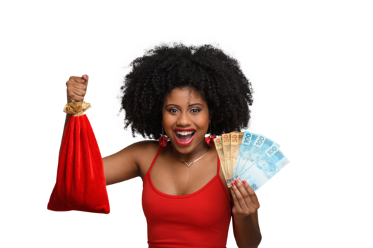 a woman holds shopping bags and Brazilian money, a teenage girl smiles and looks at the camera, wearing a red dress aga