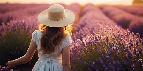 Lavender Serenity  Joyful Woman Strolling Through Flower Field, Generative AI