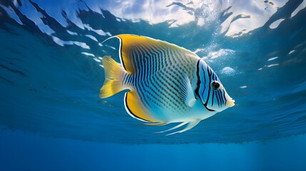 Naklejka premium Close up of a colorful Angelfish swimming in the clear Ocean. Natural Background with beautiful Lighting