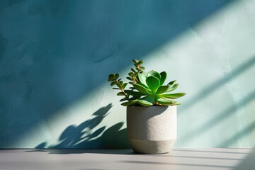 Minimalist concept of a small plant in a pot against a blue wall. Generative Ai, Ai.