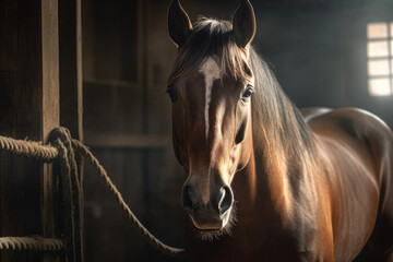Beautiful horse in the stable, the concept of horse breeding, caring for animals. Generative Ai, Ai.