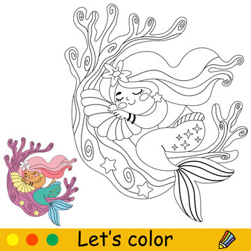 Kids coloring little dreaming mermaid vector illustration