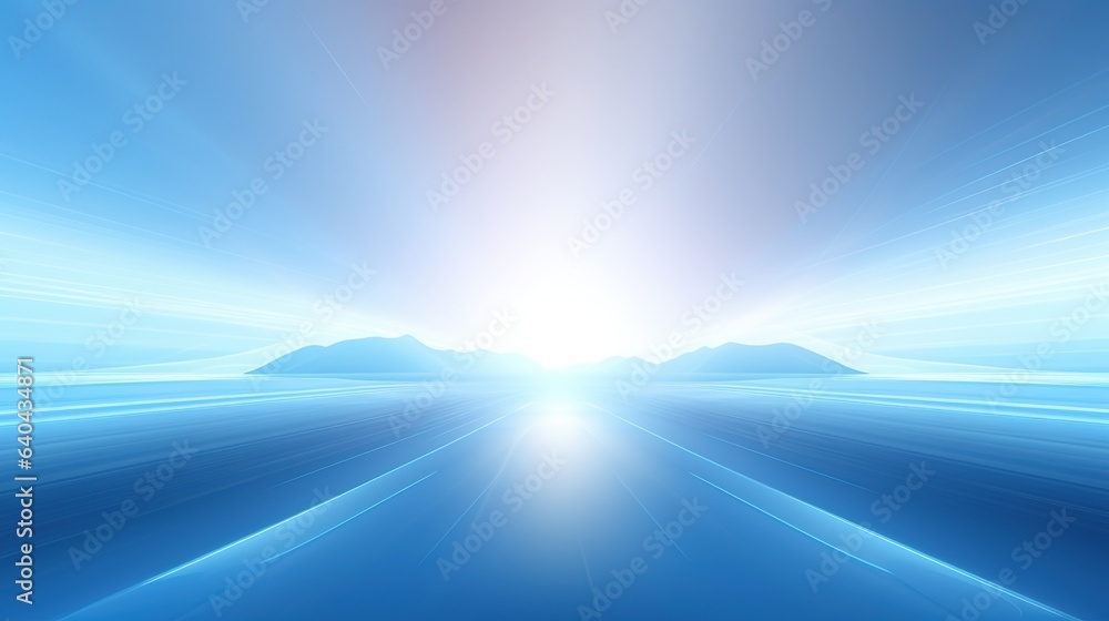 Poster blue glowing lines streak through a dark tunnel, creating a dynamic light trail backdrop