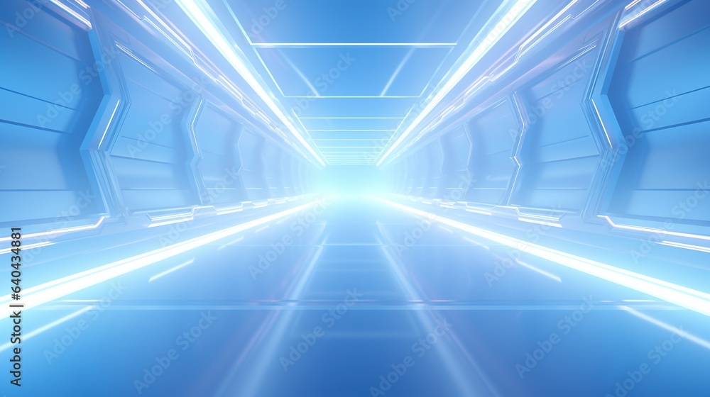 Poster blue glowing lines streak through a dark tunnel, creating a dynamic light trail backdrop