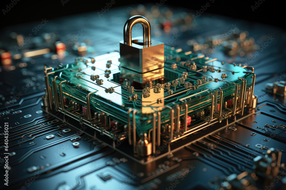 Poster depicting the concept of cyber security with a padlock symbol, emphasizing the importance of data pr