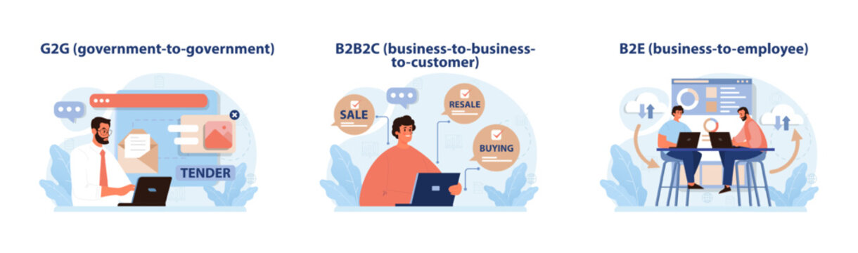 E-store and e-commerce set. Entrepreneur selling goods and gaining