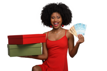 a woman holds shopping bags and Brazilian money, a teenage girl smiles and looks at the camera, wearing a red dress aga