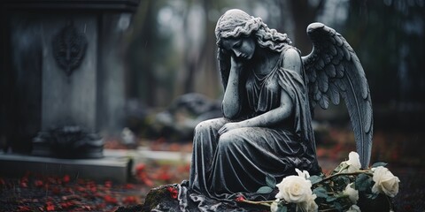 Angel of Sorrow  Cemetery Memorial, Generative AI - obrazy, fototapety, plakaty
