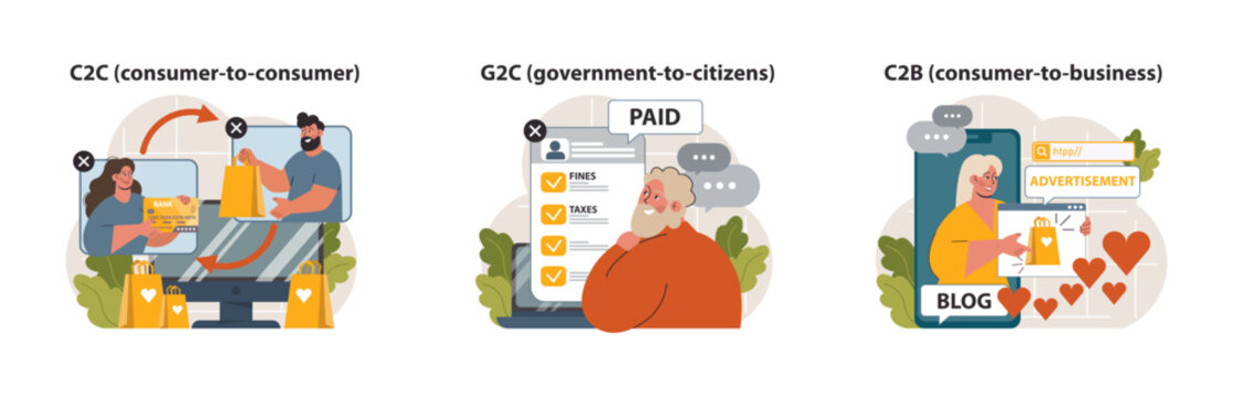 E-store and e-commerce set. Entrepreneur selling goods and gaining