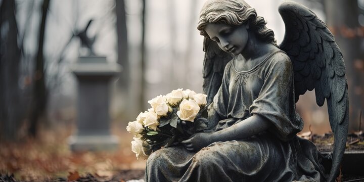 Tragic Angel's Farewell  A Captivating Cemetery Scene, Generative AI