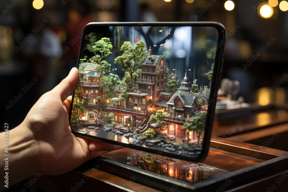 Poster a person using a smartphone to view augmented reality content, demonstrating the blending of virtual