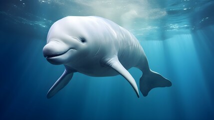 Close up of a Beluga Whale swimming in the clear Ocean. Natural Background with beautiful Lighting