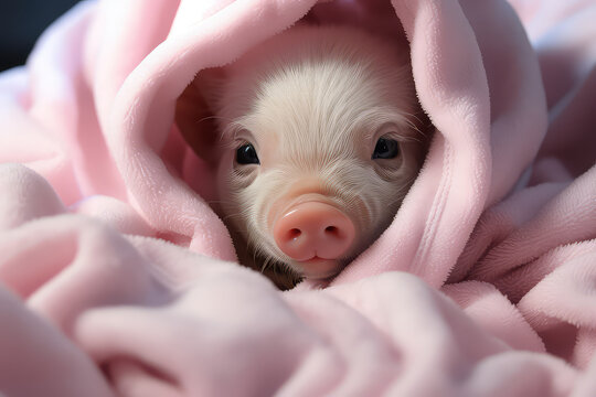 A mini pig in fluffy pink blanket, smiling, cute. Pretty sweet baby pig. 