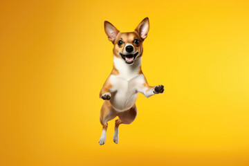 Crazy Dog in motion, funny, jumping isolated on flat background with copy space. 