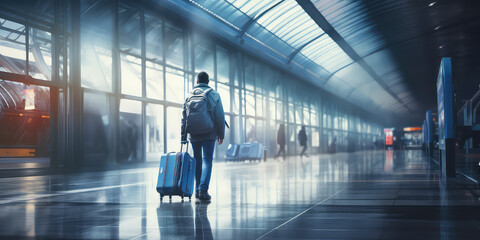 Fototapeta premium Passenger walking with a luggage bag to get going at a train station. Blurred background.