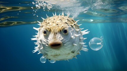 Close up of a Blowfish swimming in the clear Ocean. Natural Background with beautiful Lighting