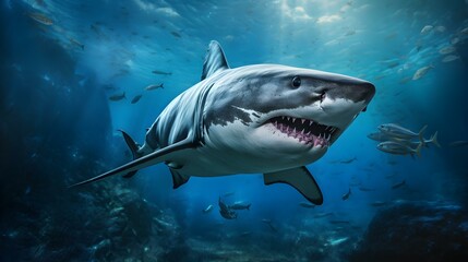Fototapeta premium Close up of a Bull Shark swimming in the deep Ocean. Natural Background with beautiful Lighting