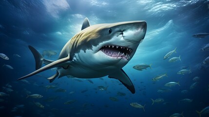 Fototapeta premium Close up of a Bull Shark swimming in the deep Ocean. Natural Background with beautiful Lighting