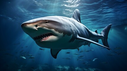 Fototapeta premium Close up of a Bull Shark swimming in the deep Ocean. Natural Background with beautiful Lighting