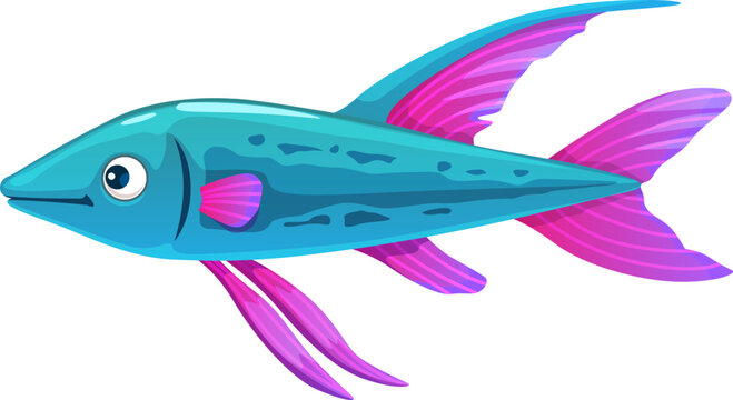 Cartoon fish character with funny cute face for kid mascot or marine game, vector aquarium fish. Tropical fish in neon purple and green colors, sea coral reef animal or comic happy funny fish