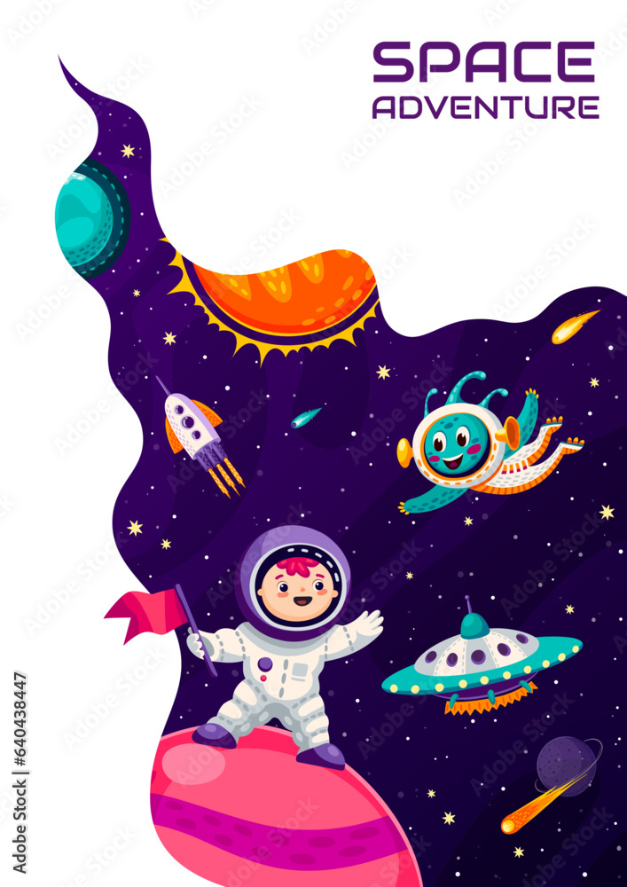 Poster Space landing page. Cartoon kid astronaut on planet surface and alien in outer space with rocket and UFO vector website template. Galaxy landscape with planets, spaceships and spacemen web banner