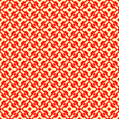 Seamless pattern design . Repeated red figures on yellow background. Symmetric abstract wallpaper. Grid motif. For digital paper, page fills, web desing, surface textures. Vector art illustration