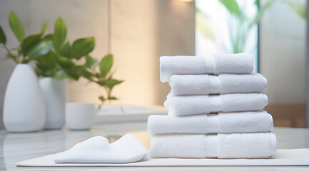  white towels on marble counter in bathroom ai generative