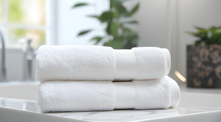  white towels on marble counter in bathroom ai generative