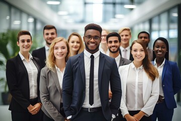 Obraz premium Young happy professional international team business people workers standing in corporate office, diverse multiethnic smiling colleagues company staff posing together. generative AI