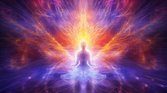 Spiritutal energy spirit healing meditation of the heart, in the style of futuristic imagery, light-focused, by Generative AI