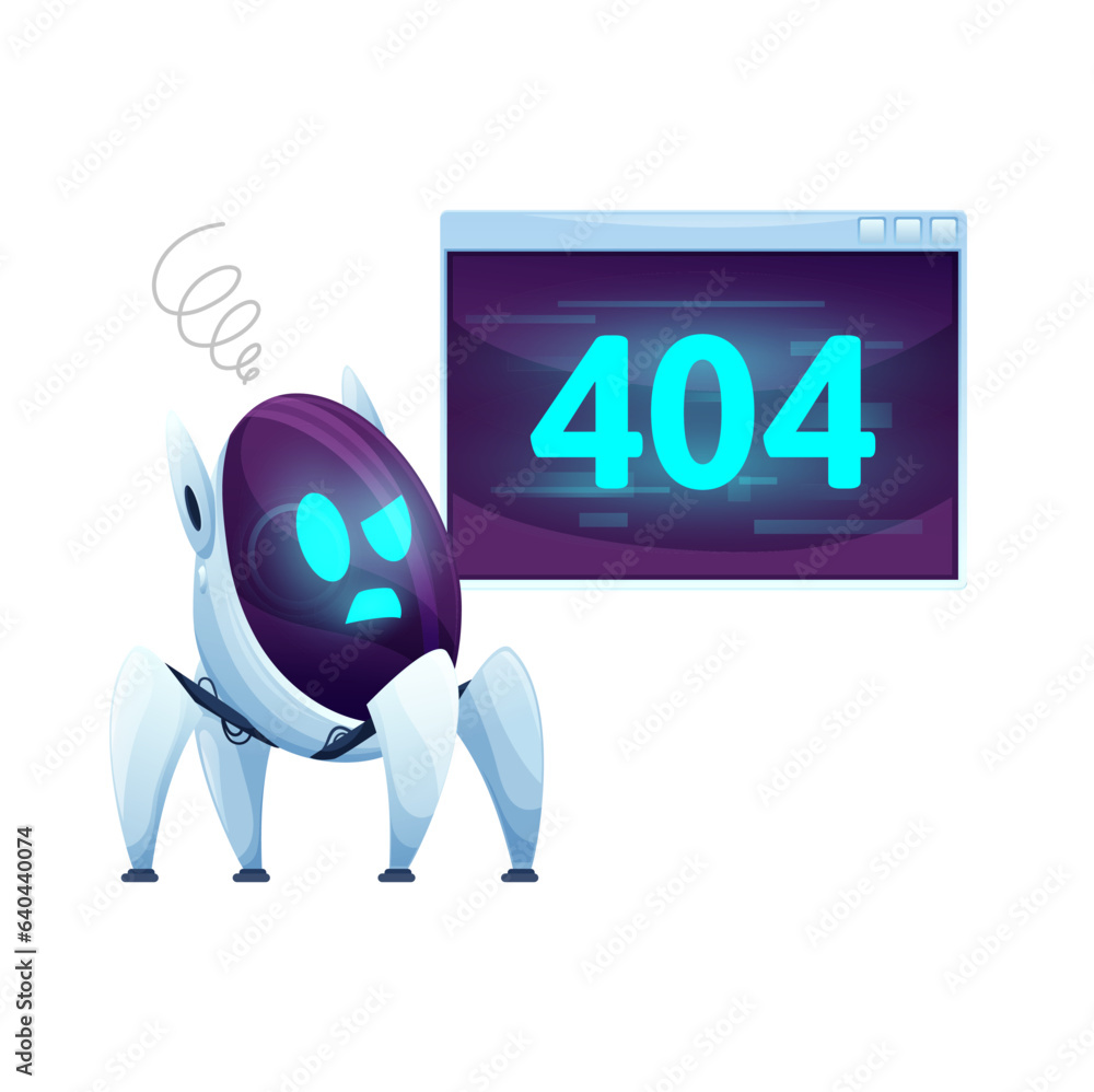 Aufkleber 404 Page with cartoon screen and robot. Vector alarm message with confused chat bot with upset glowing face greets users and inviting them to navigate to the homepage due to site problems or error