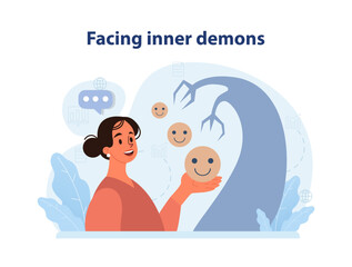 Facing inner demons. Female character facing and fighting with his internal