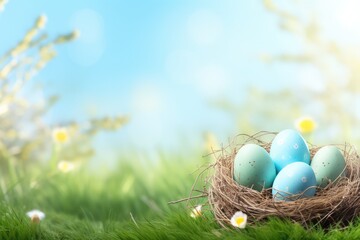 Nest with easter eggs in grass on a sunny spring day